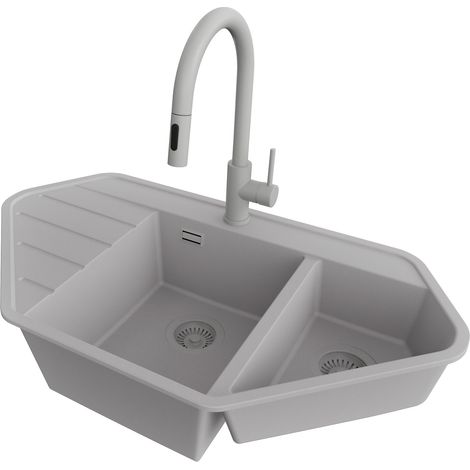 PRIMAGRAN Evier d'angle en Granit 90x50cm,Lavabo Cuisine 1,5 bacs + Robinet 40x20cm + Kit de Vidage, Évier à Encastrer au meuble 70cm - Copenhague Corner, Gris (1/5)