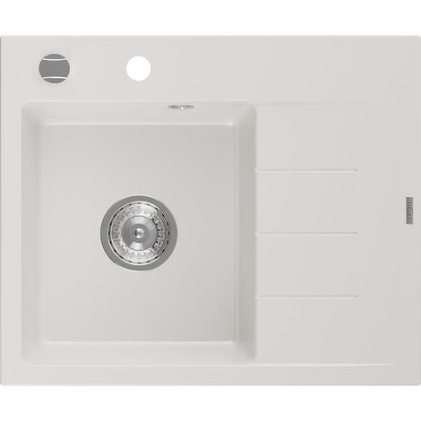 Mexen Ben lavello in granito 1-vasca con scolapiatti, sinistro 600 x 500 mm, bianco, sifone cromato - 6522605000-20 (1/5)