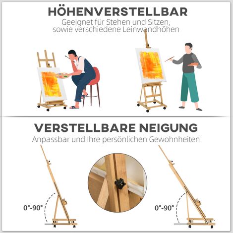 Chevalet de peinture ajustable en hauteur, 4 roues pivotantes, finition naturelle et noire (1/4)