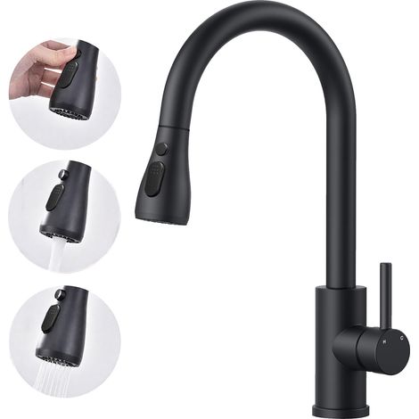 AICA Ausziehbare Küchenarmatur 3 Modi - 360° Drehbare Einhand-Mischbatterie, Spültisch Wasserhahn, Schwarz (1/5)