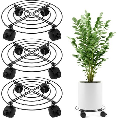 Lot de 3 chariots à plantes à roulettes / Chariot à plantes rond en métal de 27 cm / Chariot mobile robuste pour outils de jardinage d'intérieur et d'extérieur (1/4)