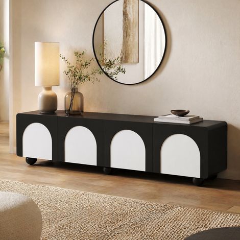 Mueble TV (180x38x45 cm), con dos cajones, doble puerta central, gestión de cables, MDF, negro y blanco (1/5)