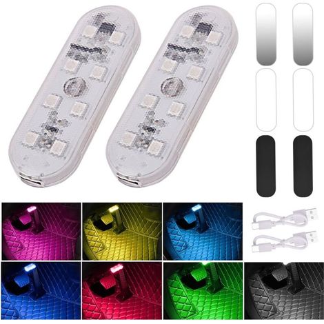 Car Interior Lights, 2PCS 7 Colors Colorful Light Touch Switch Car Interior Lamp, 8 LED 2 Modes Wireless Adjustment with USB Port, for Truck Van Camper Van