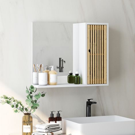 Blanches Naturelles 60x50 cm - Miroir de salle de bain Miroir mural doté de étagères de rangement en lattes en bambou et