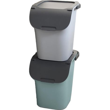 Lot de 2 Poubelles de Tri 40L empilable avec poignée - Gris et Vert d\'eau - Plastique Recyclé - Origine France - Livraison gratuite (1/5)