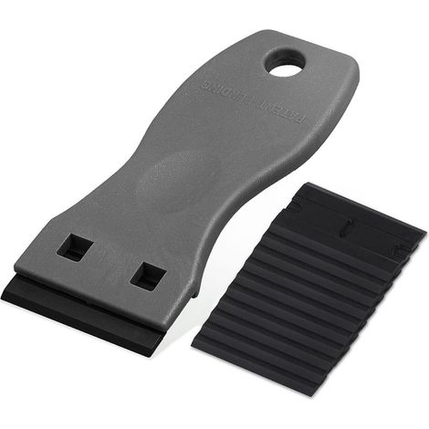 Multi-purpose scraper for glass-ceramic cooktops. Includes 10 plastic scrapers for removing labels, glue, stickers, and decals. Gray.