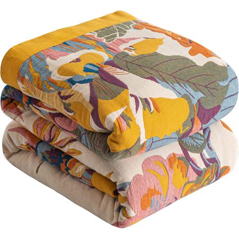 couverture boho 100 % coton – grand jeté de mousseline double face 230 x 250 cm, housse de canapé douillette, design esthétique, parfait pour salon et chambre à coucher, orange/vert (1/5)