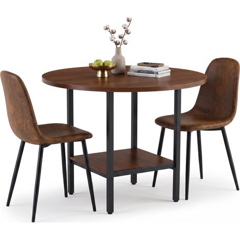 FurnitureR Essgruppe Ø100 cm MDF Rundtisch Walnuss mit 2 Wildlederstühlen 100 cm MDF-Rundtisch mit Ablageboden und zwei ergonomischen Wildleder-Essstühlen für modernes Wohnen (1/5)