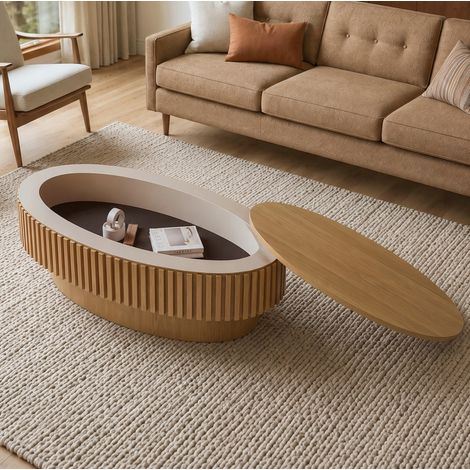Tavolino ovale 98 cm con contenitore nascosto, legno naturale DESVIAE (1/5)
