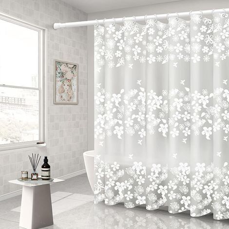 Rideau de douche transparent 120 x 180 cm, motif fleurs Peva, sans perçage, blanc, pour baignoire, anti-moisissure, imperméable et à séchage rapide (1/5)
