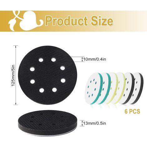 Lot de 6 patins de ponçage en mousse améliorés pour ponceuse orbitale, tampons de polissage de 125 mm, disques de polissage en éponge