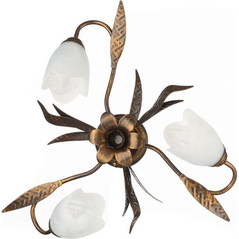 Plafonnier 3 lumières en métal marron avec nuances dorées et verres tulipe blancs satinés (1/4)