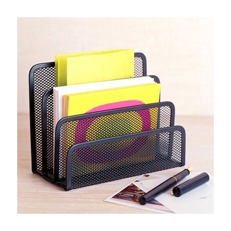 Organisat de Bureau, Organisat de Fournitures de Bureau en Maille, Organiss de bureau à 3 compartiments en mailles métalliques, pour documents, papiers, lettre, Noir (1/5)