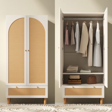 Armoire couloir rotin – Maison campagne blanche – Tiroir – Étagères réglables – Tringle – 180x85x52cm – Anti-basculement (1/5)