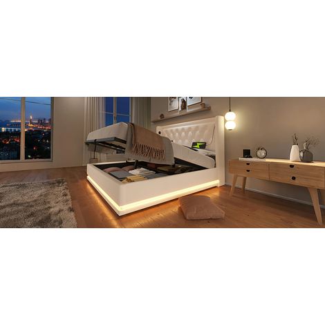 Cama doble 160x200 cm PU blanco con almacenaje y LED, USB, sin colchón, ahorra espacio – MEUBLIV (1/5)