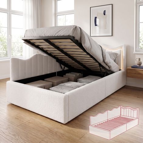 Lit coffre 90x200 cm avec sommier, lit simple enfant avec éclairage LED, lit capitonné design vague, tissu peluche, Blanc (1/5)