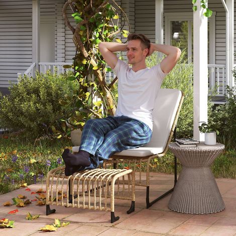 Fauteuil inclinable en rotin avec repose-pieds - bois naturel - avec sangles de coussin 65 x 93 x 80 cm - Pratique