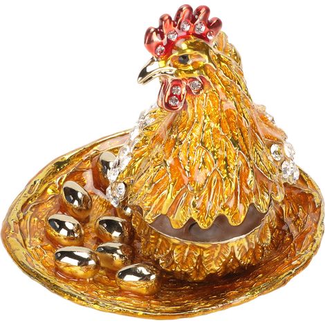 Boîte à bijoux dorée en forme de poule, petite boîte à bijoux exquise, fabriquée à la main et incrustée de strass, un objet de décoration de bureau. (1/5)