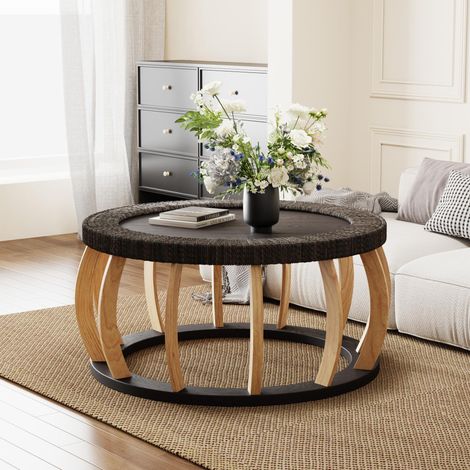Vintage Rattan Solid Wood Round Coffee Table, Curved Legs Boho Accent Table for Dining Room, Kitchen And Living Room,Black Brown (1/5)