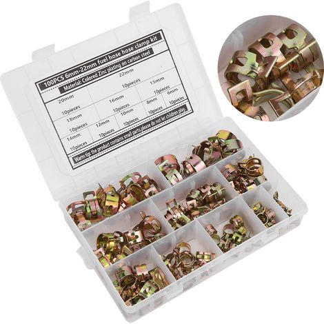 Lot de 100 colliers de serrage à ressort flexibles pour tuyaux de carburant, en acier au carbone zingué, 6-22 mm (1/5)