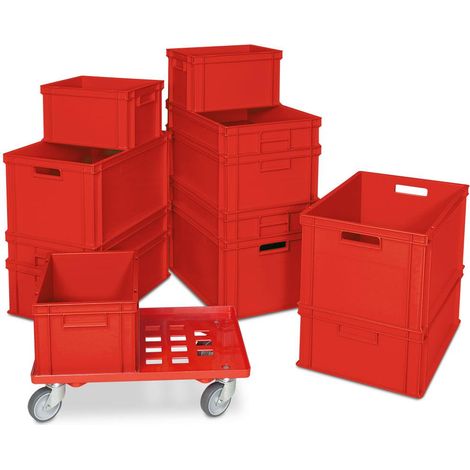 BRB Lot de 12 boîtes empilables Euro rouges en 4 tailles + 1 chariot de transport gratuit (1/2)
