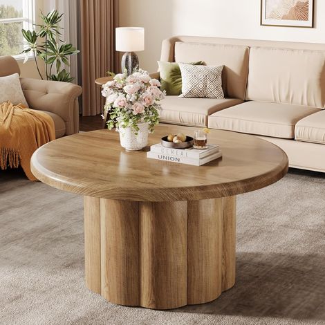 Tribesigns – Table basse ronde en bois 80 cm – Design tambour strié marron – Surface résistante aux rayures – Capacité de charge 80 kg