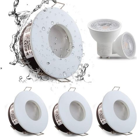 Lot de 4 spots encastrés LED étanches IP65, 5 W, blanc chaud 3000 K, pour éclairage encastré de plafond de salle de bain et cuisine, diamètre de coupe 68 mm, finition nickel satiné, boîtier blanc - RW (1/5)