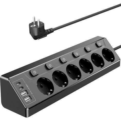 Power Strip with 6 Outlets, 4 USB Ports, Individual Switch, 2m Cable, For Kitchen, Office, Living Room (1/5)