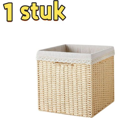 Panier de rangement tissé main en rotin imitation avec doublure, panier en osier pour étagères et bibliothèques, adapté au salon et à la chambre, dimensions 24 x 24 x 24 cm, beige, 1 pièce (1/5)