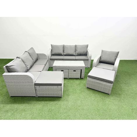 Fimous Outdoor Garden Furniture Set PE Rattan 3 Seater Sofa Reclining Chair Set with Oblong Coffee Table 4 Footstools Light Grey (1/4)