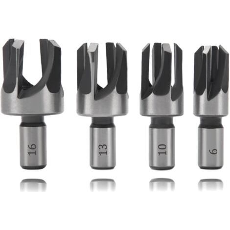 4 Pièces 6/10/13/16 mm Bois Plug Cutter Set, Tige Ronde Forets à Tenon en Acier au Carbone, Mèche à Bouchon Bois, Quatre Dents Fraises à Griffes Coniques, pour le Travail du Bois