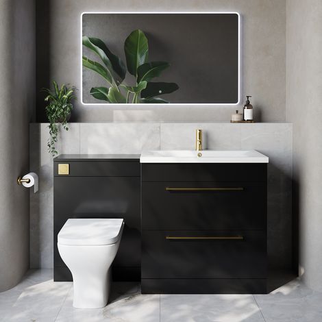 Napoli 460 Cento Matt Black 1400mm 2 Drawer Vanity Unit Toilet Suite with Glide Basin - 1400mm - Brushed Brass 480mm HandleWith Kingston Toilet Pan and Seat
