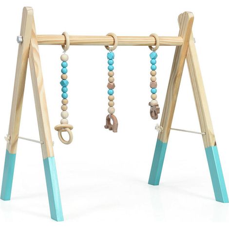 Éveil et motricité du bébé, arche d’activités en bois pliable avec barre suspendue pour chambre de nouveau-né, bleu (1/5)