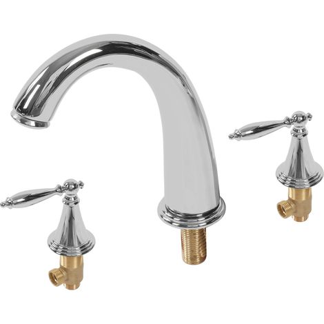 Robinet lavabo 3 trous double poignée, cuivre massif, style européen, argenté, pour salle de bain. (1/5)