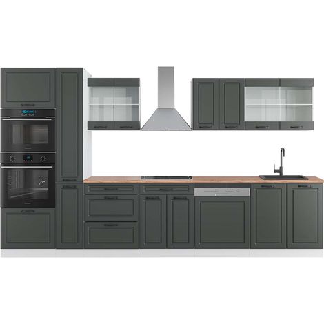 Küchenzeile R-Line, Anthrazit Landhaus/Weiß, 350 cm mit Hochschrank, AP Eiche, Vicco