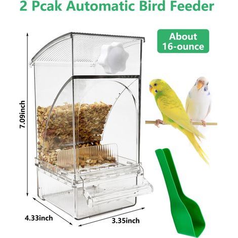 Set aus 2 automatischen und sauberen Vogelfutterhäuschen aus transparentem Acryl, mit Sitzstange, geeignet für Langschwanzpapageien. (1/5)