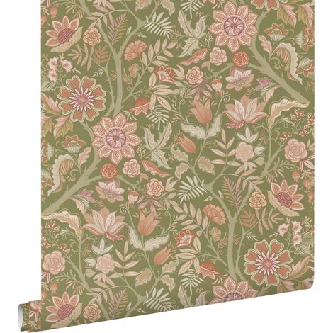 papier peint fleurs vintage vert et rose terracotta - ESTAhome (1/5)