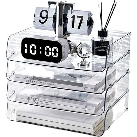 Boîte de rangement pour papier A4 empilable en plastique transparent à grande ouverture et à un seul niveau, format 32,5 x 25 x 7,5 cm / 12,8 x 9,8 x 3 pouces. (1/5)