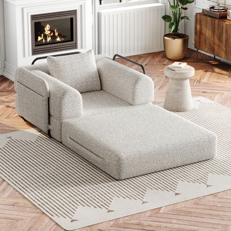 Sillón cama 2 en 1 de chenilla con almacenaje en el reposabrazos y triple bastidor metálico, caqui (1/5)