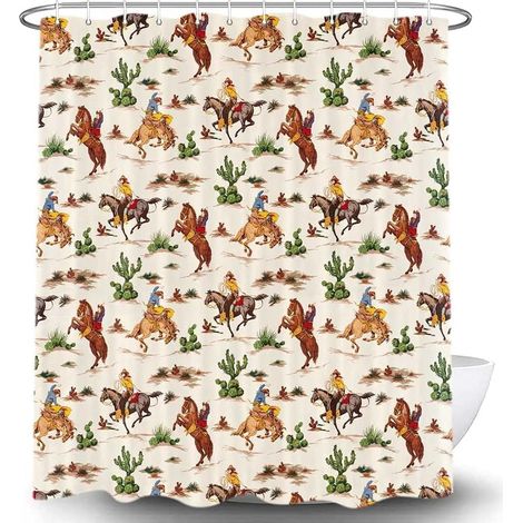 Rideau De Douche Cowboy - Polyester 72 X 72 Pouces - Motif Cheval Et Cactus Désert - Avec 12 Crochets (1/4)