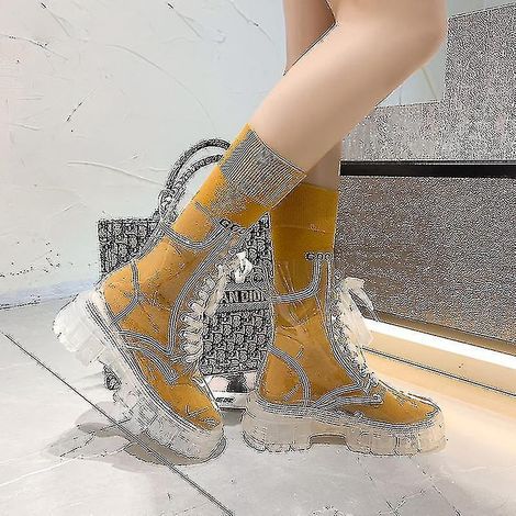 Bottes imperméables transparentes à plateforme pour femmes, chaussures de pluie transparentes à lacets - 39 - Jaune (1/5)
