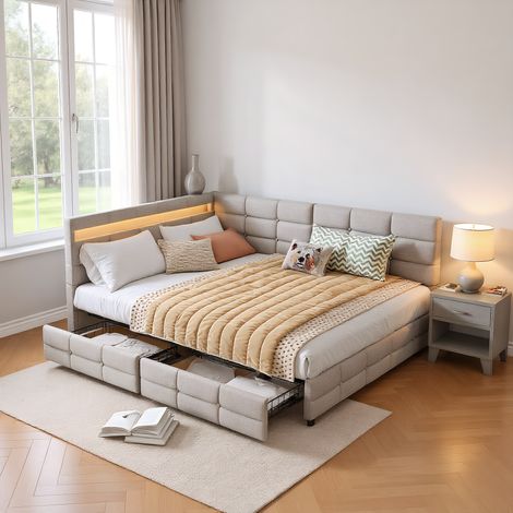 Polsterbett Doppelbett 140x200 cm mit Stauraum, mit LED und USB-Ladeanschlüssen,  Modernes Jugendbett in L-Form, Bettgestell mit Kopfteil und Lattenrost, Leinen Beige, Ohne Matratze