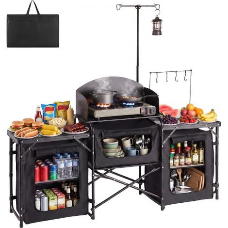 Cuisine de Camping Pliable Table de Camping Portable avec 3 Armoires, Meuble de Rangement pour Pique Nique, Barbecue (1/3)