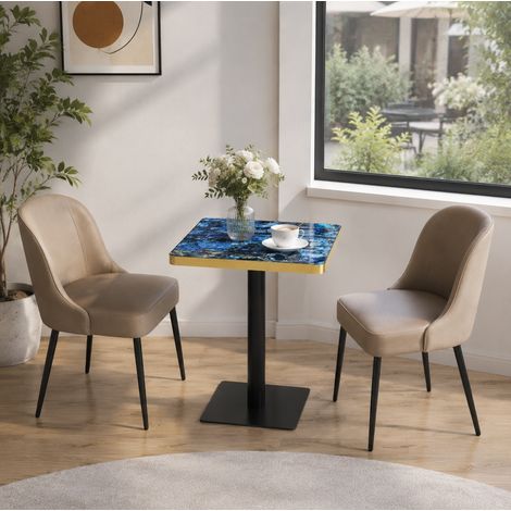 Quadratischer Esstisch 60x60 cm in blauem Marmorlook mit Metallgestell (1/5)