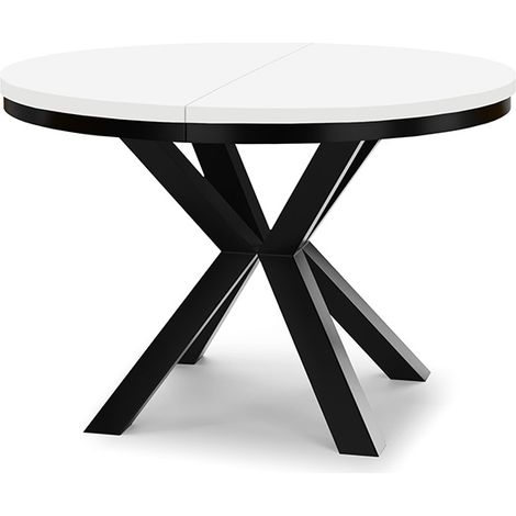 Table à manger ronde extensible RAL avec cerclage métallique, diamètre : 110 / 160 cm, couleur : blanc / noir (1/4)