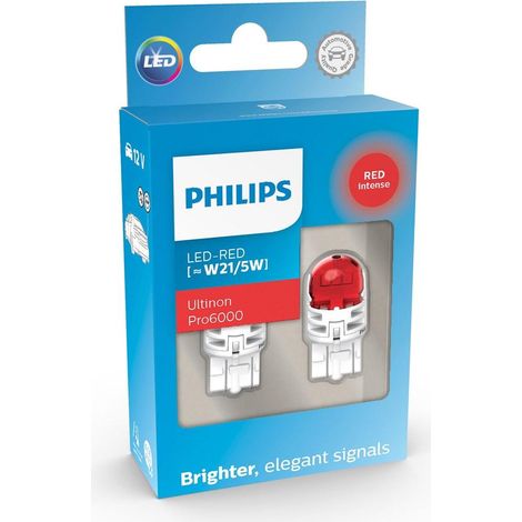 2x W21/5W LED Ultinon Pro6000 Rouge - Philips - 11066RU60X2 - T20 7443 - AMPOULES (1/2)