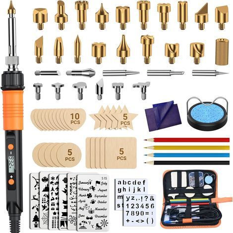 Pyrography Kit, 70 Pieces with LCD Wood Burning Pen, 100W Engraving Pen, Adjustable Temperature Soldering Iron from 200℃ to 500℃, Suitable for Wood Carving/Embossing/Soldering (1/5)