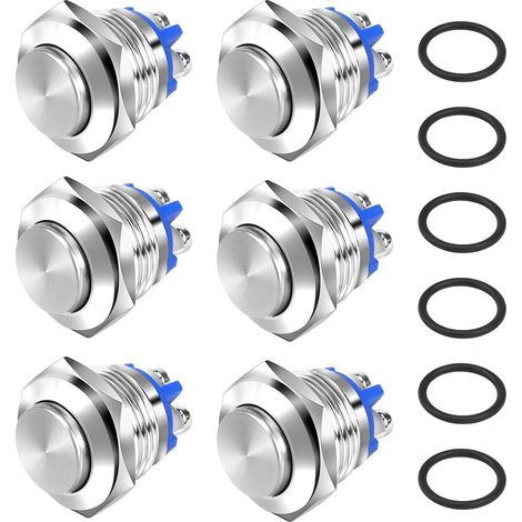 6 PCS Bouton Poussoir Momentané 2A 12V 24V 36V Etanche, Boutons Poussoirs de Ronde, Interrupteur Poussoir 16mm en Métal pour Voiture Camion Sonnette (Haute Tête, Argent) (1/5)
