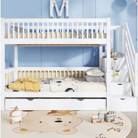 Litera 90x200 cm blanca de pino y MDF con cama nido y escalera armario (1/5)