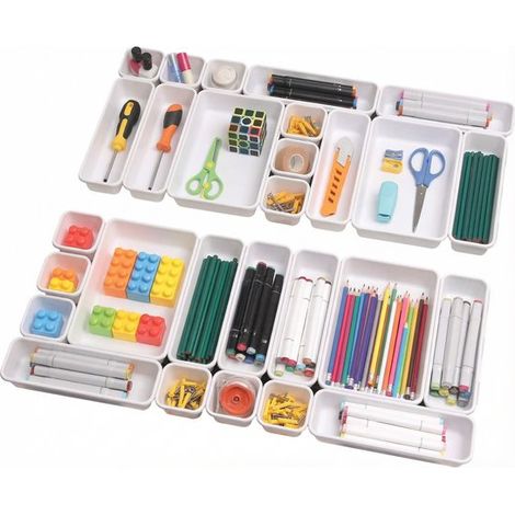 Set de 44 organiseurs de tiroir – Bacs empilables – Blanc – Antidérapants – Cuisine, bureau, salle de bain (1/5)